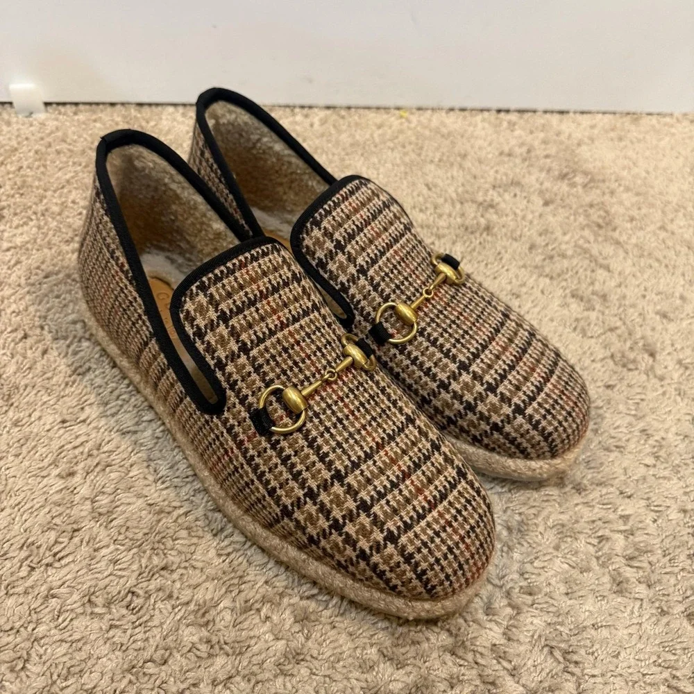 Gucci Fria WB Bit Moc Shoes Mens Size 9 Brown Houndstooth Slip On Espadrilles